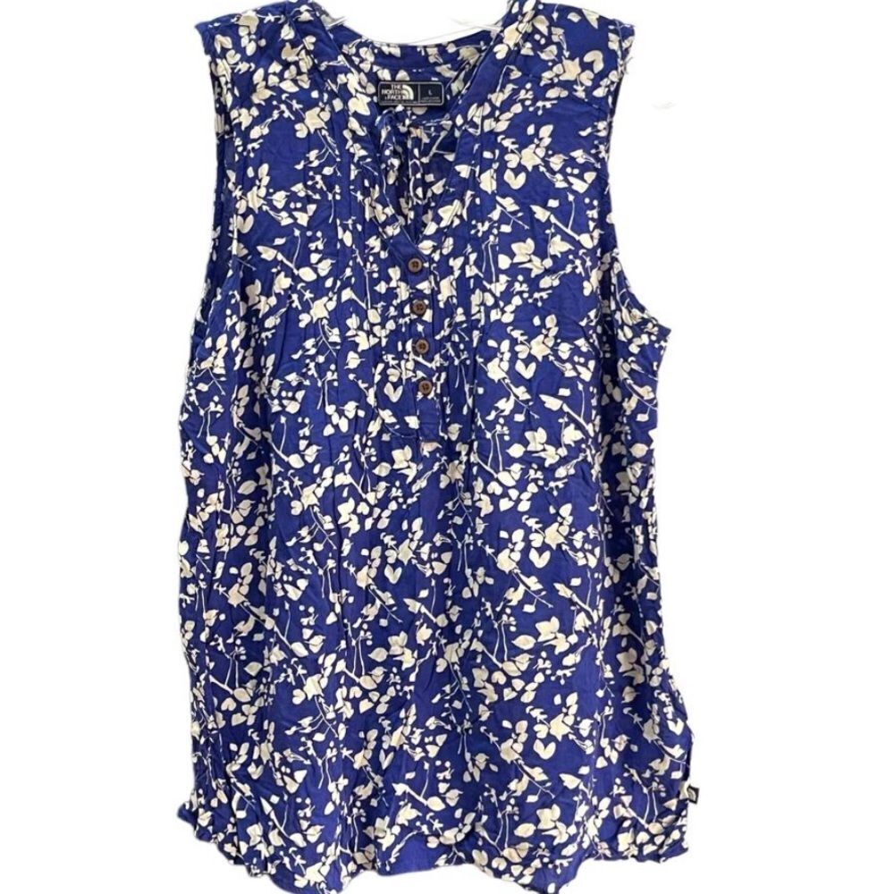 THE NORTH FACE Women's Top Sleeveless  V Neck Pullover Key Hole Tie Floral Blue